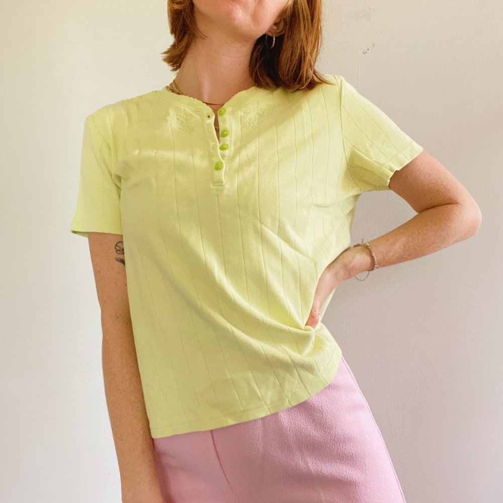 Basic Editions Lime Green Ribbed Embroidered Top - image 4
